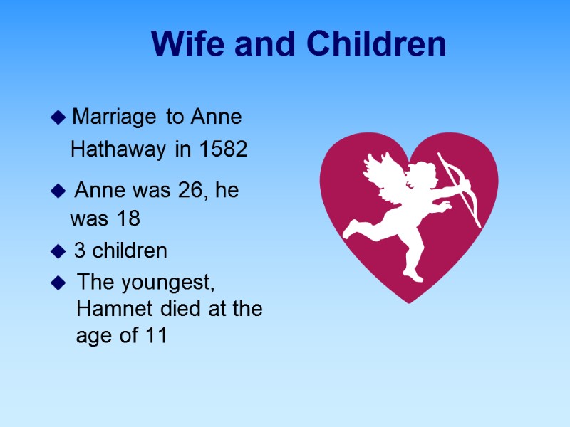 Wife and Children  Marriage to Anne Hathaway in 1582   Anne was